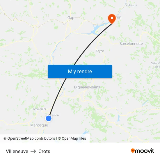Villeneuve to Crots map