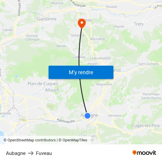 Aubagne to Fuveau map