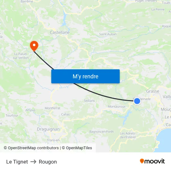 Le Tignet to Rougon map