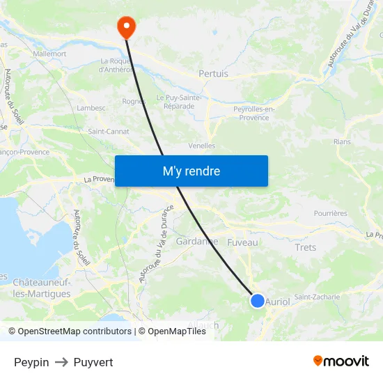 Peypin to Puyvert map