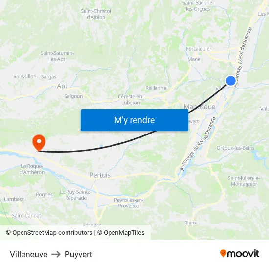 Villeneuve to Puyvert map
