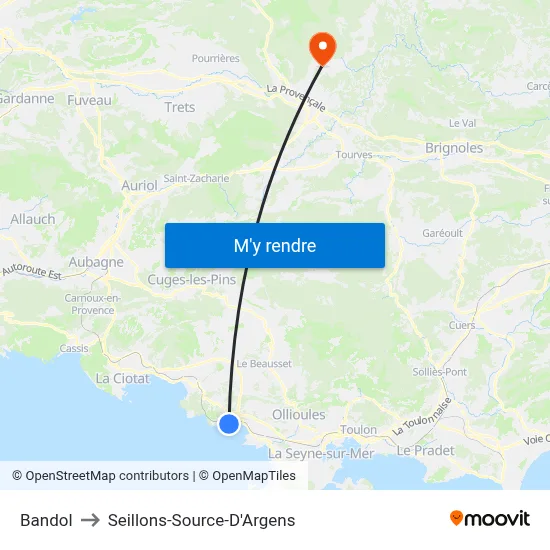 Bandol to Seillons-Source-D'Argens map