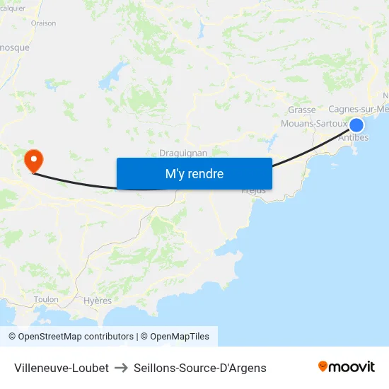 Villeneuve-Loubet to Seillons-Source-D'Argens map