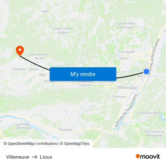 Villeneuve to Lioux map