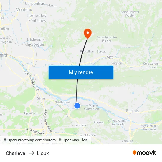 Charleval to Lioux map