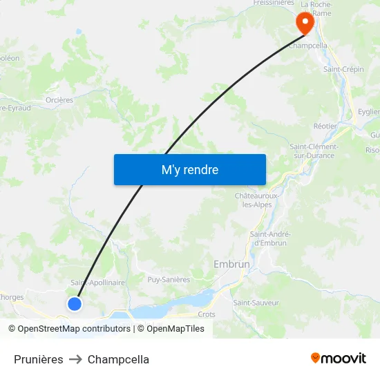 Prunières to Champcella map