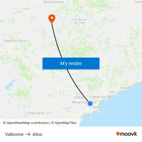Valbonne to Allos map