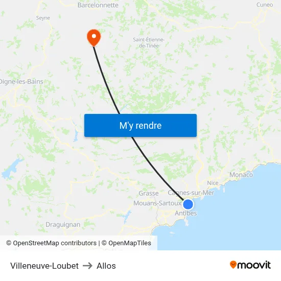 Villeneuve-Loubet to Allos map