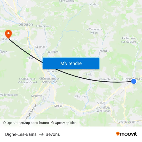 Digne-Les-Bains to Bevons map
