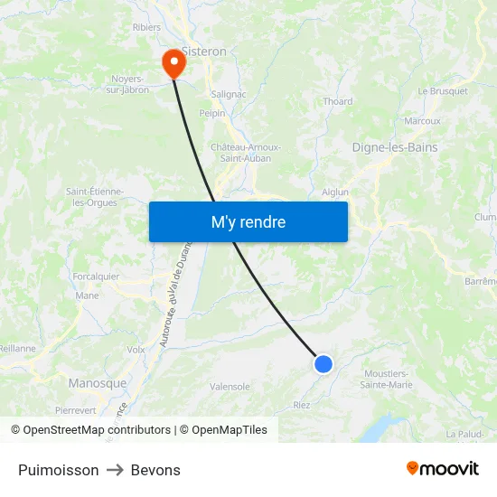Puimoisson to Bevons map