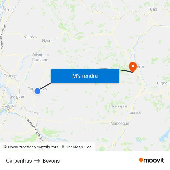 Carpentras to Bevons map