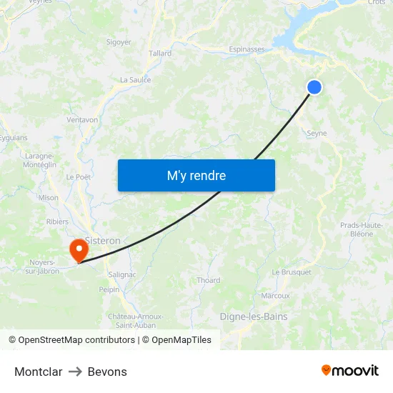 Montclar to Bevons map