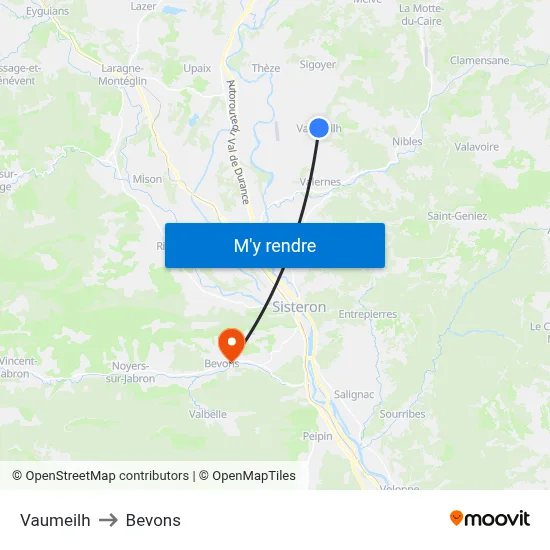 Vaumeilh to Bevons map