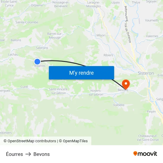 Éourres to Bevons map