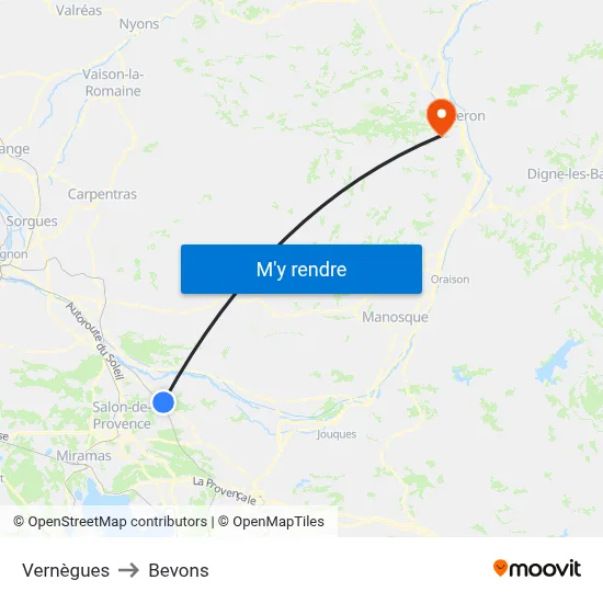 Vernègues to Bevons map
