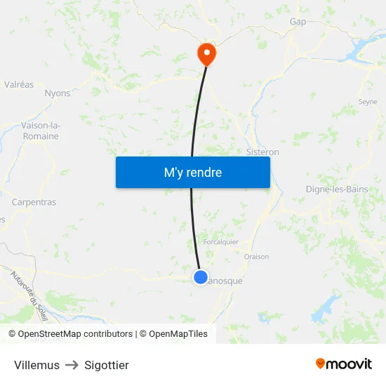 Villemus to Sigottier map