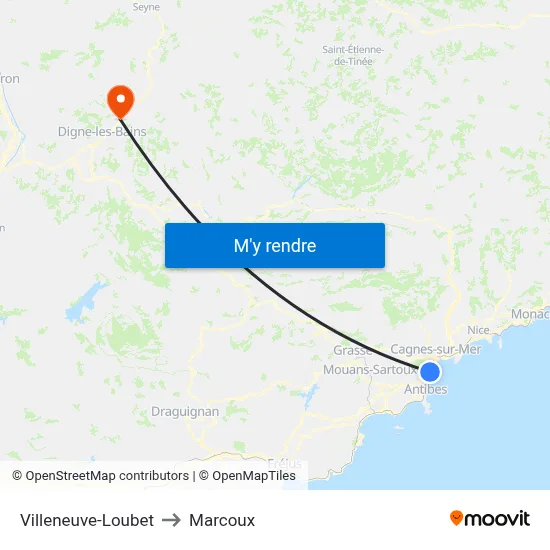 Villeneuve-Loubet to Marcoux map