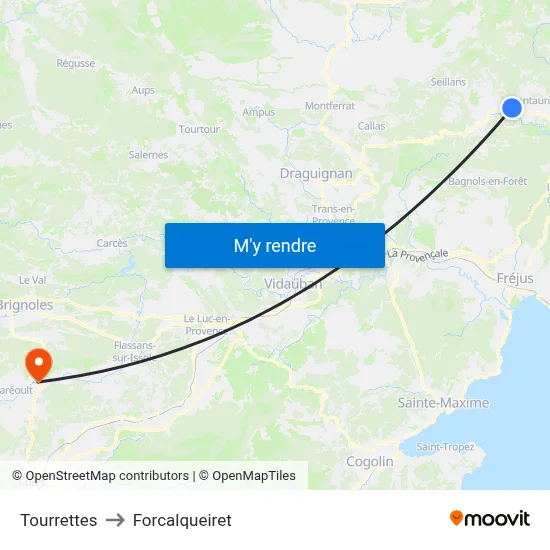 Tourrettes to Forcalqueiret map