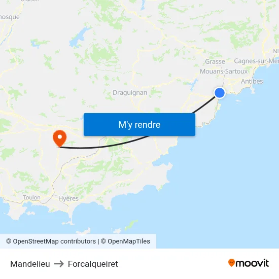 Mandelieu to Forcalqueiret map