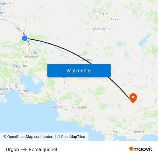 Orgon to Forcalqueiret map