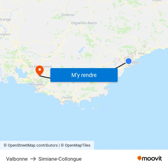 Valbonne to Simiane-Collongue map