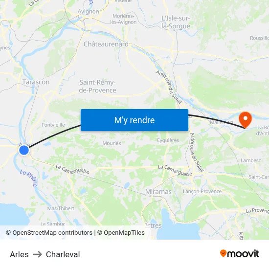 Arles to Charleval map