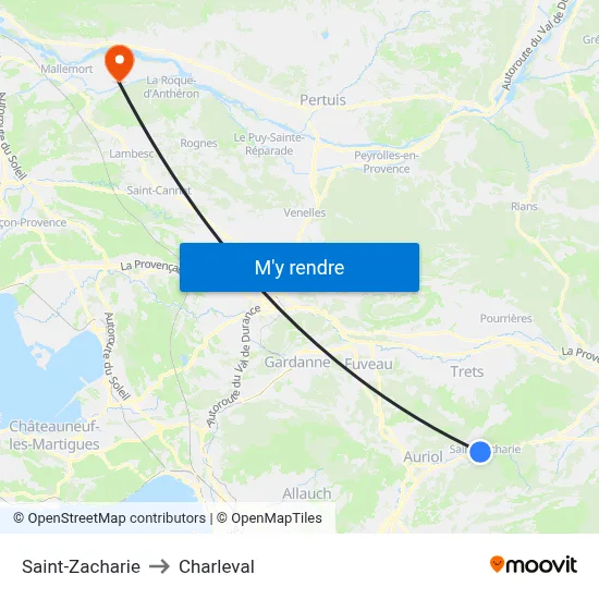 Saint-Zacharie to Charleval map