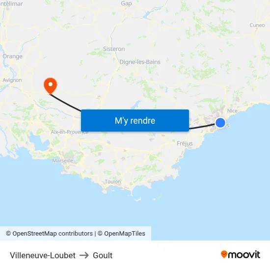 Villeneuve-Loubet to Goult map