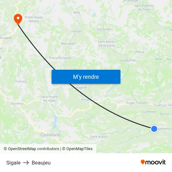 Sigale to Beaujeu map