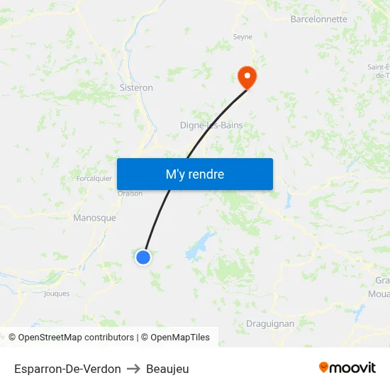 Esparron-De-Verdon to Beaujeu map