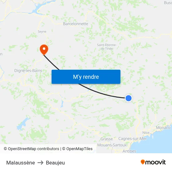 Malaussène to Beaujeu map