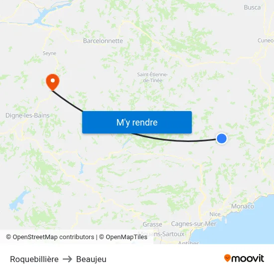 Roquebillière to Beaujeu map