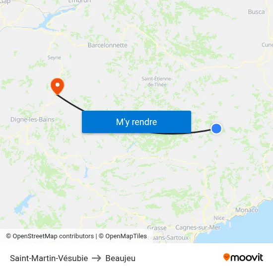 Saint-Martin-Vésubie to Beaujeu map