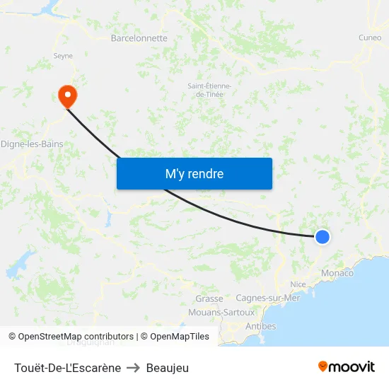 Touët-De-L'Escarène to Beaujeu map