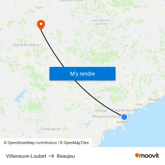 Villeneuve-Loubet to Beaujeu map