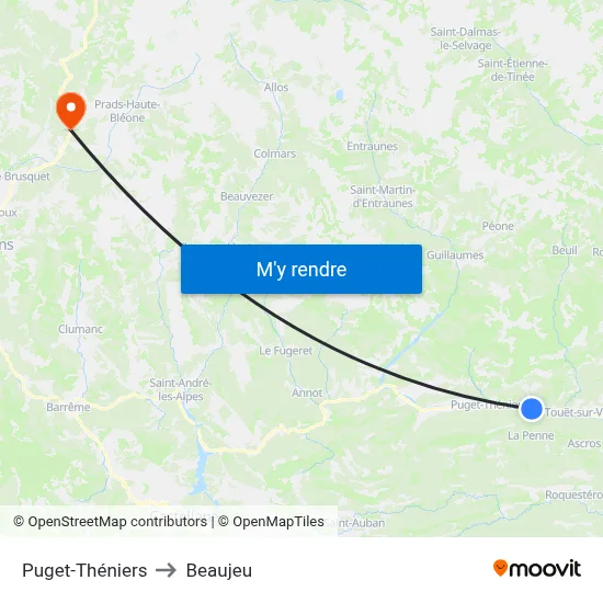 Puget-Théniers to Beaujeu map