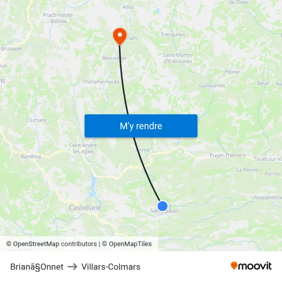Brianã§Onnet to Villars-Colmars map