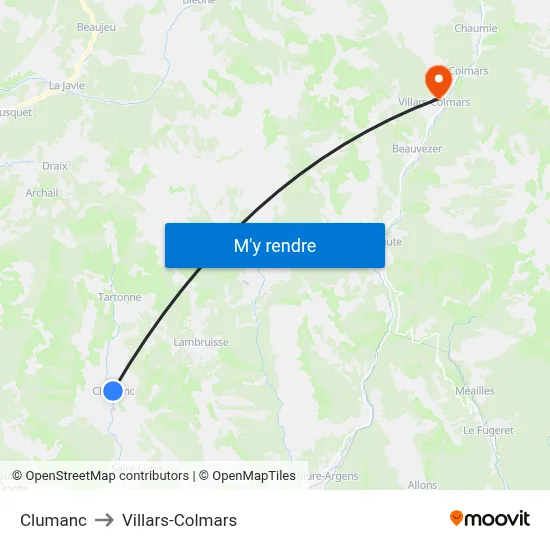 Clumanc to Villars-Colmars map