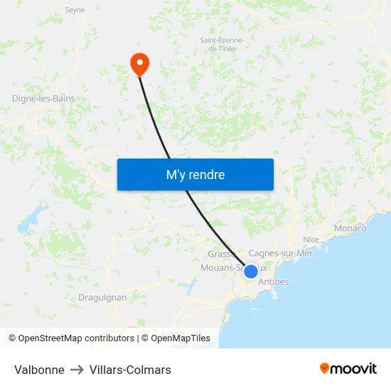 Valbonne to Villars-Colmars map