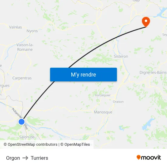 Orgon to Turriers map