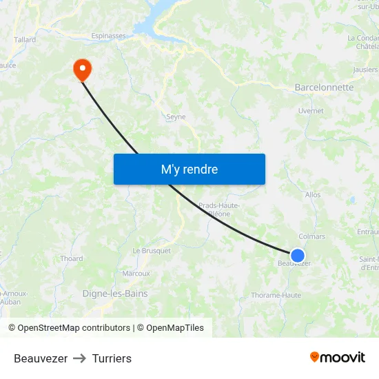 Beauvezer to Turriers map
