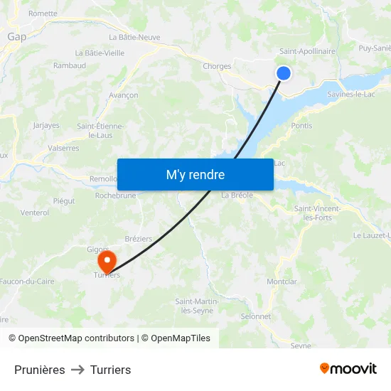 Prunières to Turriers map