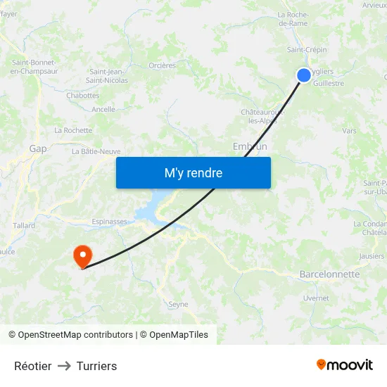 Réotier to Turriers map