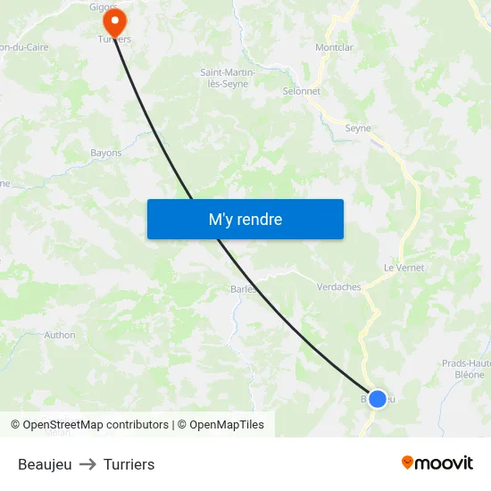 Beaujeu to Turriers map