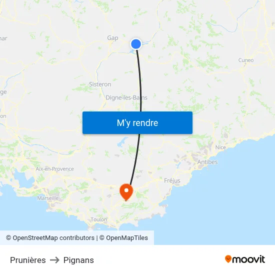 Prunières to Pignans map