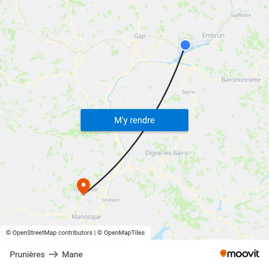 Prunières to Mane map