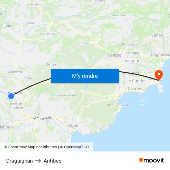 Draguignan to Antibes map