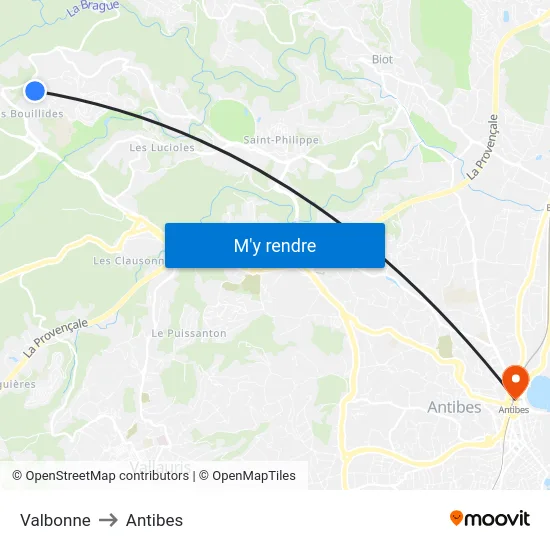 Valbonne to Antibes map