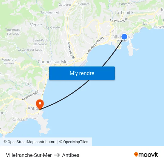 Villefranche-Sur-Mer to Antibes map