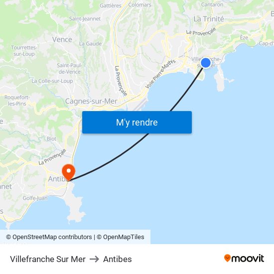 Villefranche Sur Mer to Antibes map